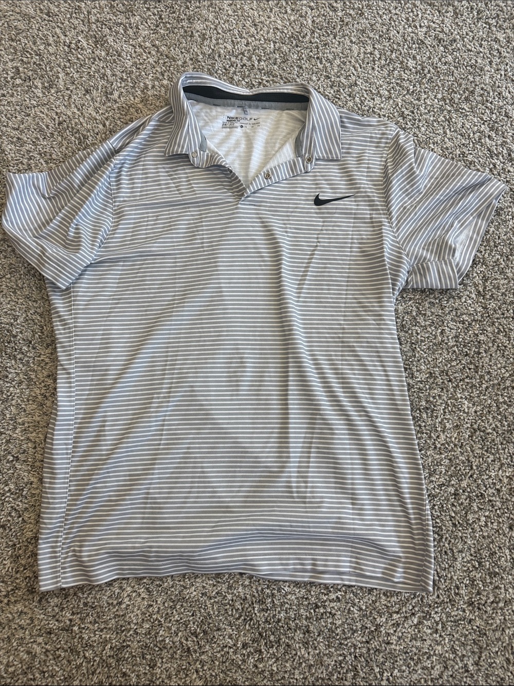 Nike Men’s Gray & White Striped Polo with Black Swoosh